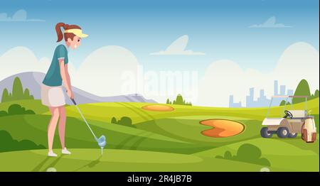 Golf background. Sport players playing outdoor in luxury game golf equipment exact vector cartoon template Stock Vector