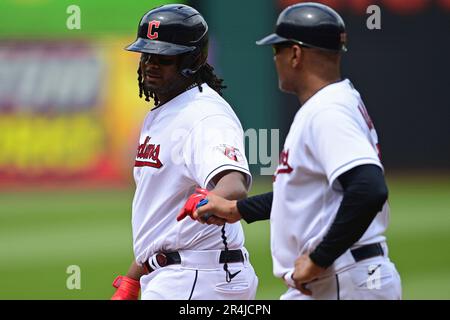 Cleveland Guardians' Josh Bell, left, and Jose Ramirez pose after receiving  their Silver Slugger Awards before a baseball game against the Seattle  Mariners, Saturday, April 8, 2023, in Cleveland. (AP Photo/Ron Schwane