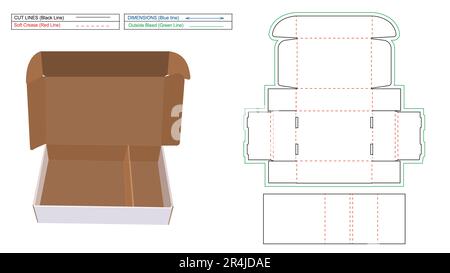 Corrugated mailer box or shipping roll end box with separator die line template and 3D render file Stock Vector