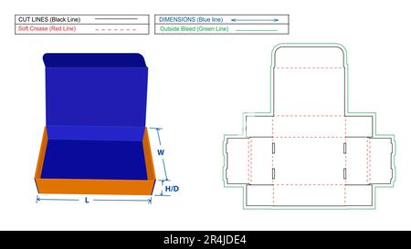 Roll End Tuck Top (RETT) Corrugated mailer box or shipping box die line template and 3D render file Stock Vector