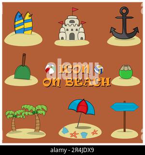 Vector Illustration of Icon On Beach, Summer Time Theme and Brown Colors Background Stock Vector