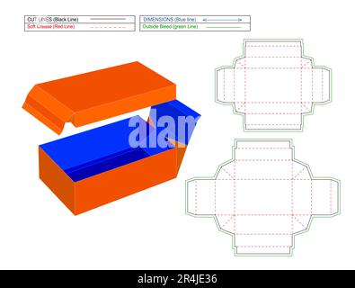 Without glue foldable box, corrugated standard shipping box die line template and 3D render Stock Vector