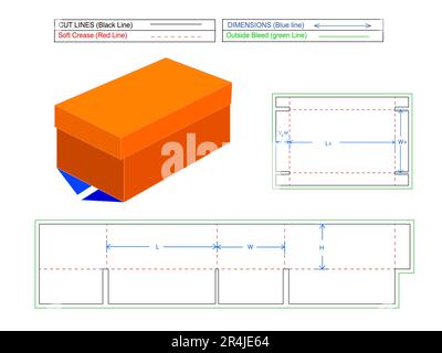 Carton box Editable and resizeable corrugated standard box, cardboard carton box 2 lid top and bottom lid box, gift box with 3D render and die line Stock Vector