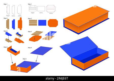 3 face rigid box assemble instructions and 3D render box Stock Vector