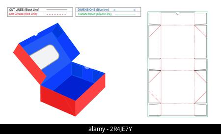 6 corner box with transparent window die line template and packaging design template, die cut and 3D vector render box Stock Vector