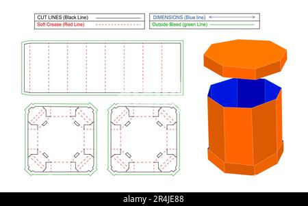 Circular Octagonal shape 3 lid box by without glued assemble die line template 3D render Stock Vector