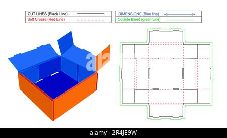 Corrugated shipping box and Cardboard carton FEFCO425 box, corrugated folding box, 3D render and die line template with resizeable Stock Vector