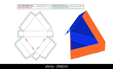 Custom delivery triangle pizza box, Food packaging box and triangle gift box, 3d render and die line template with colour changeable and editable Stock Vector