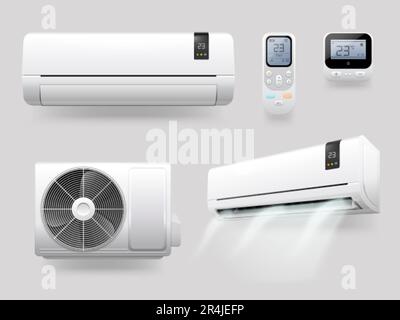 Realistic conditioner. Air conditioners with ionizer refreshing cool aires purifier on ac energy, split system remote control weather in house or office, exact vector illustration isolated on gray Stock Vector