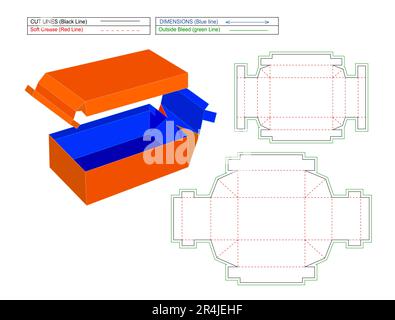 Foldable box, corrugated standard shipping box die line template and 3D render, assemble without glue box Stock Vector