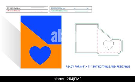 Pocket or folder die line ready for 8.5x11 inch page editable and resizeable with Heart shape transparent window cut and Angle cut, 3D render Stock Vector