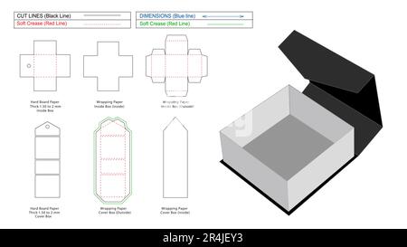 Resizeable and editable luxury rigid box Die line template and 3D render box, custom front panel cutting Stock Vector