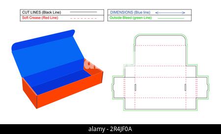 Roll end Tuck top two side rollover box, RETT Box die line template and 3D vector box, resizeable and colour changeable Stock Vector