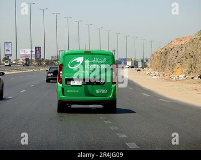 Cairo, Egypt, May 10 2023: Egyptian post delivery truck van mobile car service on the highway road, Egypt post is Egyptian agency responsible for post Stock Photo