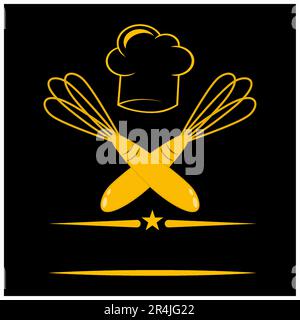 Vector Illustration of Chef Hat and Two Whisk Logo, Gold, Yellow and Black Colors Background Stock Vector