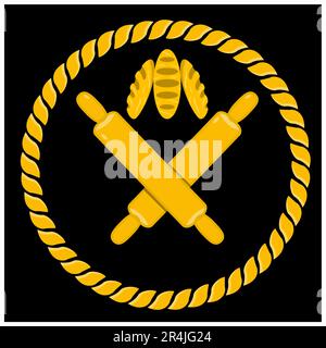 Vector Illustration Of Two Rolling pin and Three Bread Logo, Yellow, Gold and Black Colors Background Stock Vector