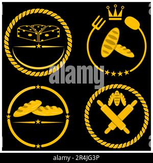 Vector Illustration of Four Emblem or Logo theme Food, Yellow, Gold and Black Colors Background. Stock Vector