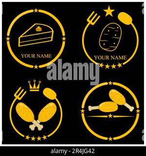 Vector Illustration of Four Emblem or Logo theme Food, Circle Frame, Yellow, Gold and Black Colors Background. Stock Vector