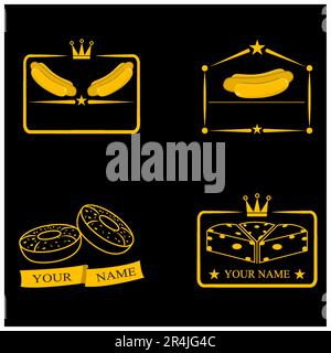 Vector Illustration Of Emblem of Logo Food, Sausage, Donut, Cheese, Yellow, Gold and Black Colors Background Stock Vector