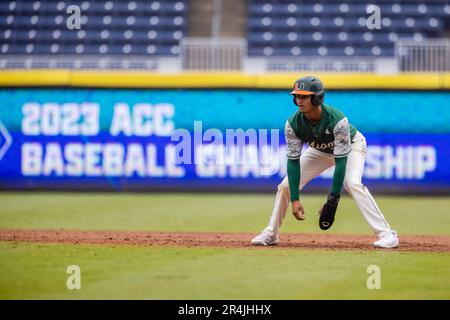 Durham, NC, USA. 28th May, 2023. Miami (Fl) Hurricanes outfielder Jacoby Long (39) during the third inning against the Clemson Tigers in the 2023 ACC Baseball Championship matchup at Durham Bulls Athletic Park in Durham, NC. (Scott Kinser). Credit: csm/Alamy Live News Stock Photo