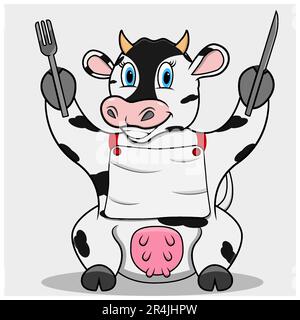 Character Cow With Ready For Eat, White Colors Background, Mascot, Icon, Character or Logo, Vector and Illustration. Stock Vector