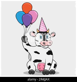 Character Cow With Bring Balloons, White Colors Background, Mascot, Icon, Character or Logo, Vector and Illustration. Stock Vector