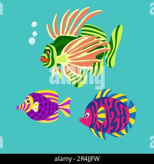 Seamless vector pattern with fishes, waves, starfishes, coral and seaweed. Stock Vector