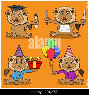 Four Character Lion, Graduation, gift, Balloon and Eat, Orange Colors Background, Mascot, Icon, Character or Logo, Vector and Illustration. Stock Vector
