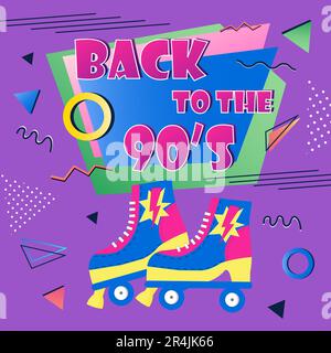 Bright vintage poster with roller skates. Back to the 90s. Vintage retro textures. Stock Vector