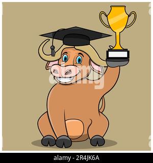 Character Bufallo Bring Trophy and Graduate, Light Brown Colors Background, Mascot, Icon, Character or Logo, Vector and Illustration. Stock Vector
