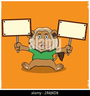 Character Lion With Two Blank Wood, Orange Colors Background, Mascot, Icon, Character or Logo, Vector and Illustration. Stock Vector