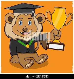 Character Lion Graduation and Bring Thropy, Orange Colors Background, Mascot, Icon, Character or Logo, Vector and Illustration Stock Vector