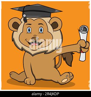 Character Lion For Celebrating Graduation, Orange Colors Background, Mascot, Icon, Character or Logo, Vector and Illustration. Stock Vector