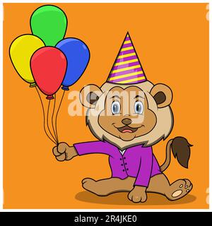 Happy Birthday Lion With Balloon, Orange Colors Background, Mascot, Icon, Character or Logo, Vector and Illustration. Stock Vector