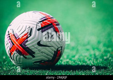 Nike Flight premier league football sits on the pitch ahead of the Premier League match Leeds United vs Tottenham Hotspur at Elland Road, Leeds, United Kingdom, 28th May 2023  (Photo by James Heaton/News Images) Stock Photo