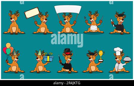 Ten Models Character Deer For Illustration, Blue Colors Background, Mascot, Icon, Character or Logo, Vector and Illustration. Stock Vector