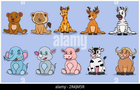 Ten Animals Character With Relax Expression And Smile , Colors Background, Mascot, Icon, Character or Logo, Vector and Illustration. Stock Vector