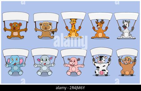 Ten Animals Character With Bring A Big Blank Sign Banner, Colors Background, Mascot, Icon, Character or Logo, Vector and Illustration. Stock Vector