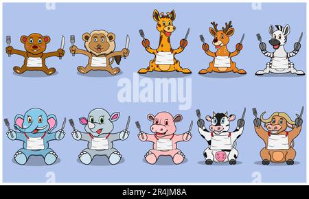 Ten Animals Character With Bring Knife and Fork For Ready To Eat, Colors Background, Mascot, Icon, Character or Logo, Vector and Illustration. Stock Vector