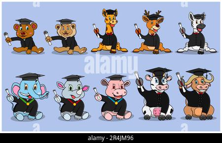 Ten Animals Character With Bring Certificate and Wear Graduate Custom, Colors Background, Mascot, Icon, Character or Logo, Vector and Illustration. Stock Vector