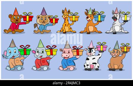 Ten Animals Character With Bring Gift For Party , Colors Background, Mascot, Icon, Character or Logo, Vector and Illustration. Stock Vector