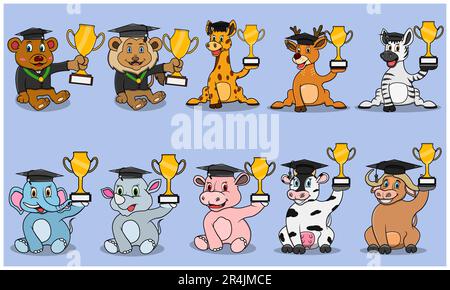 Ten Animals Character With Bring Trophy and Graduate Theme, Colors Background, Mascot, Icon, Character or Logo, Vector and Illustration. Stock Vector