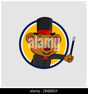Bear Head Circle Label With Stick and Wear Magician Custom, Yellow Colors Background, Mascot, Icon, Character or Logo, Vector and Illustration. Stock Vector
