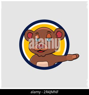 Bear Head Circle Label With Relax Smile Expression , Yellow Colors Background, Mascot, Icon, Character or Logo, Vector and Illustration. Stock Vector