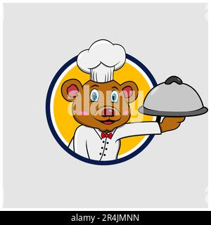 Bear Head Circle Label With Bring Food and Wear Chef Custom, Yellow Colors Background, Mascot, Icon, Character or Logo, Vector and Illustration. Stock Vector