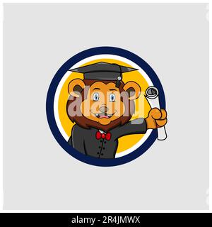 Cute Lion Head Graduate Circle Label , Yellow Colors Background, Cartoon, Mascot, Animals, Character, Vector and Illustration. Stock Vector