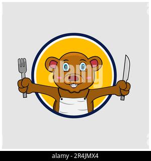 Bear Head Circle Label With fork and Knife, Yellow Colors Background, Mascot, Icon, Character or Logo, Vector and Illustration. Stock Vector