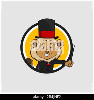 Lion Head Circle Label With Magician Custom and Bring Stick, Yellow Colors Background, Mascot, Icon, Character or Logo, Vector and Illustration. Stock Vector