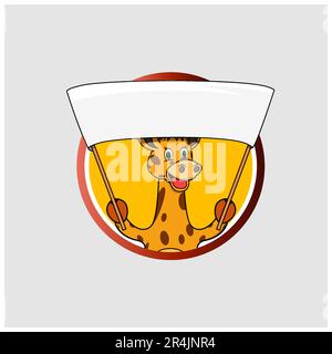 Giraffe Head Circle Label Bring White Big Blank Banner, Yellow Colors Background, Mascot, Icon, Character or Logo, Vector and Illustration. Stock Vector
