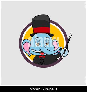 Elephant Head Circle Label With Magician Custom and Bring Stick, Yellow Colors Background, Mascot, Icon, Character or Logo, Vector and Illustration. Stock Vector